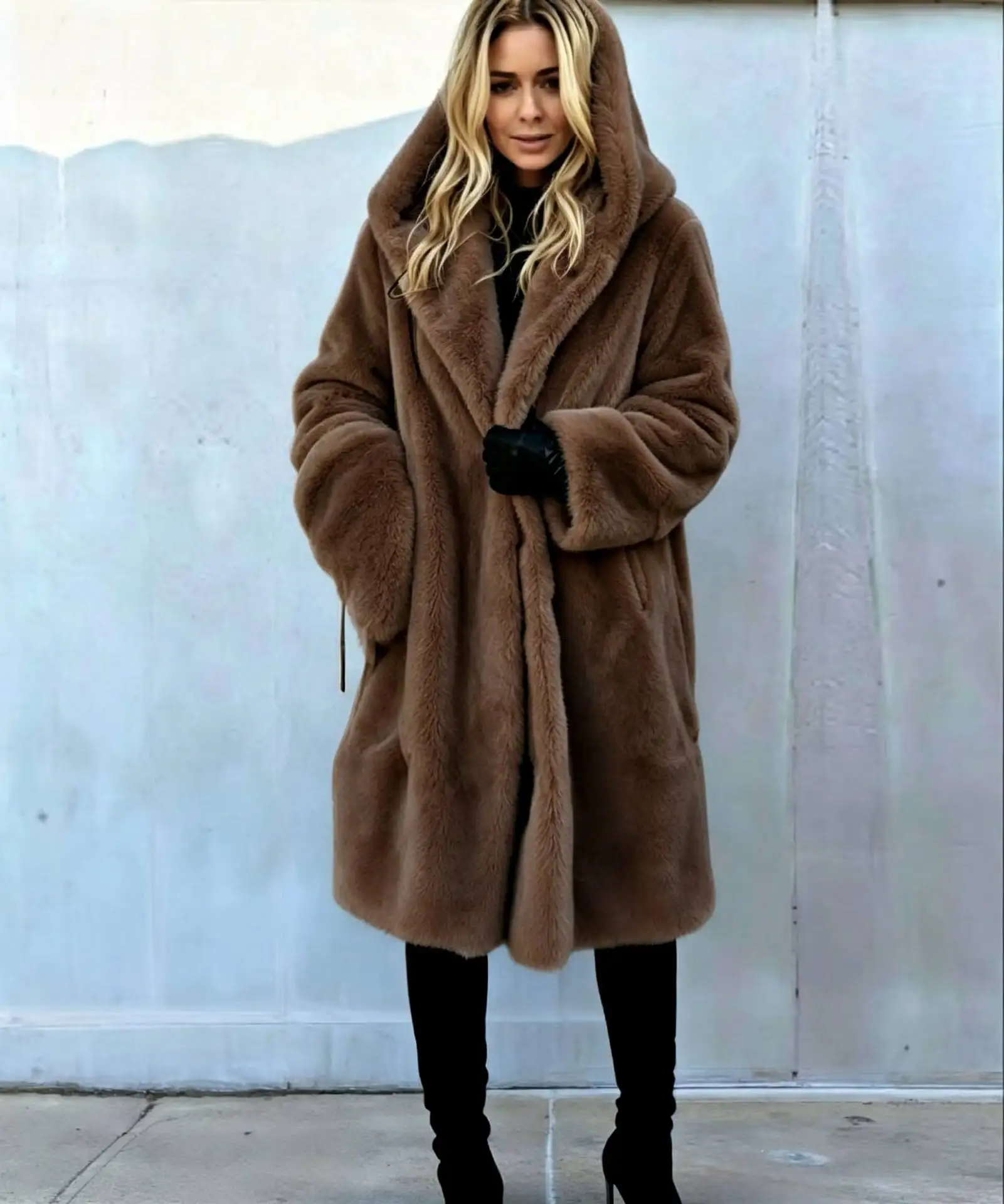 Women Faux Fur Coats Jackets Hooded Mid Length Coat Thick Warm Y2k Streetwear Jacket Elegant Work Outerwear Autumn Winter