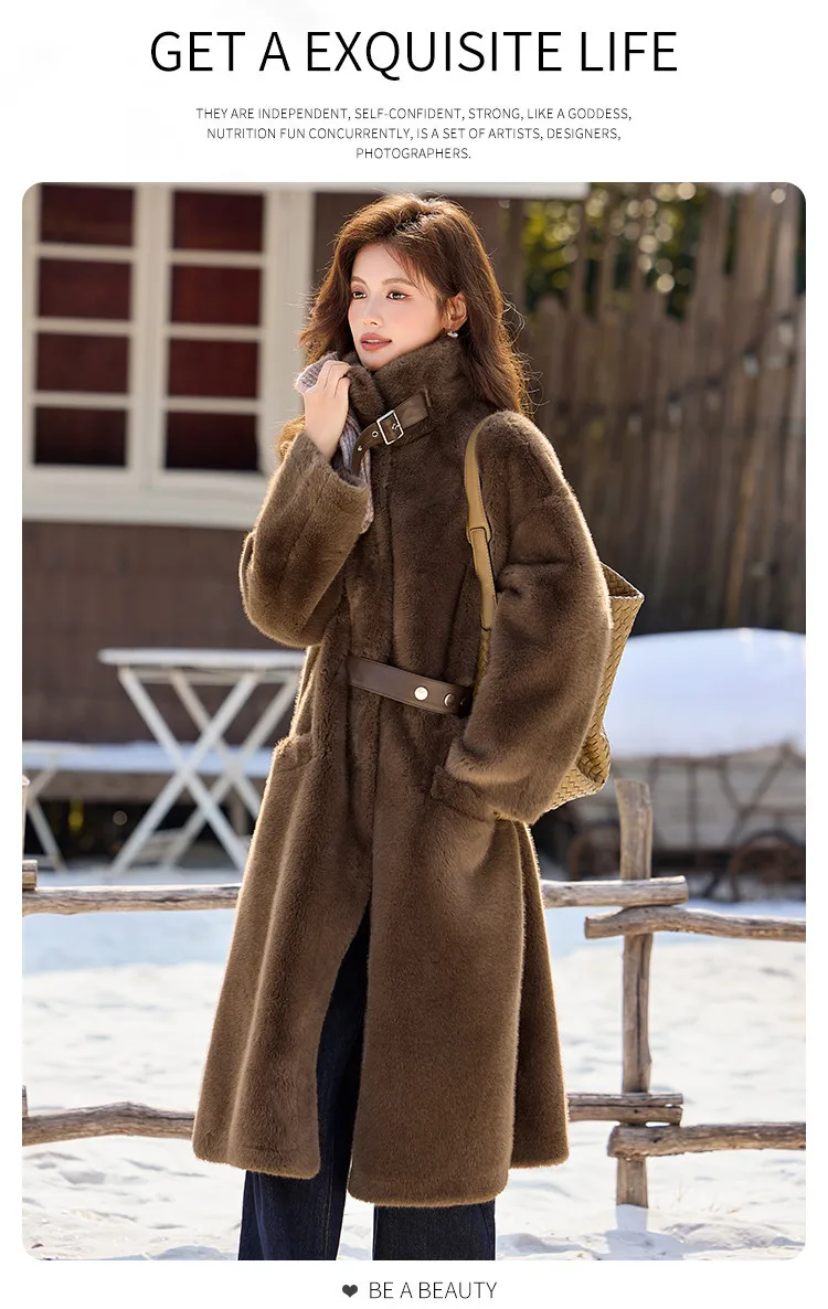 LOUIS YAO Stand Collar Faux Fur Women's Long Coat 2025 Winter Vintage Soft Faux Mink Chic Street Wear Long-Sleeved Warm Coat