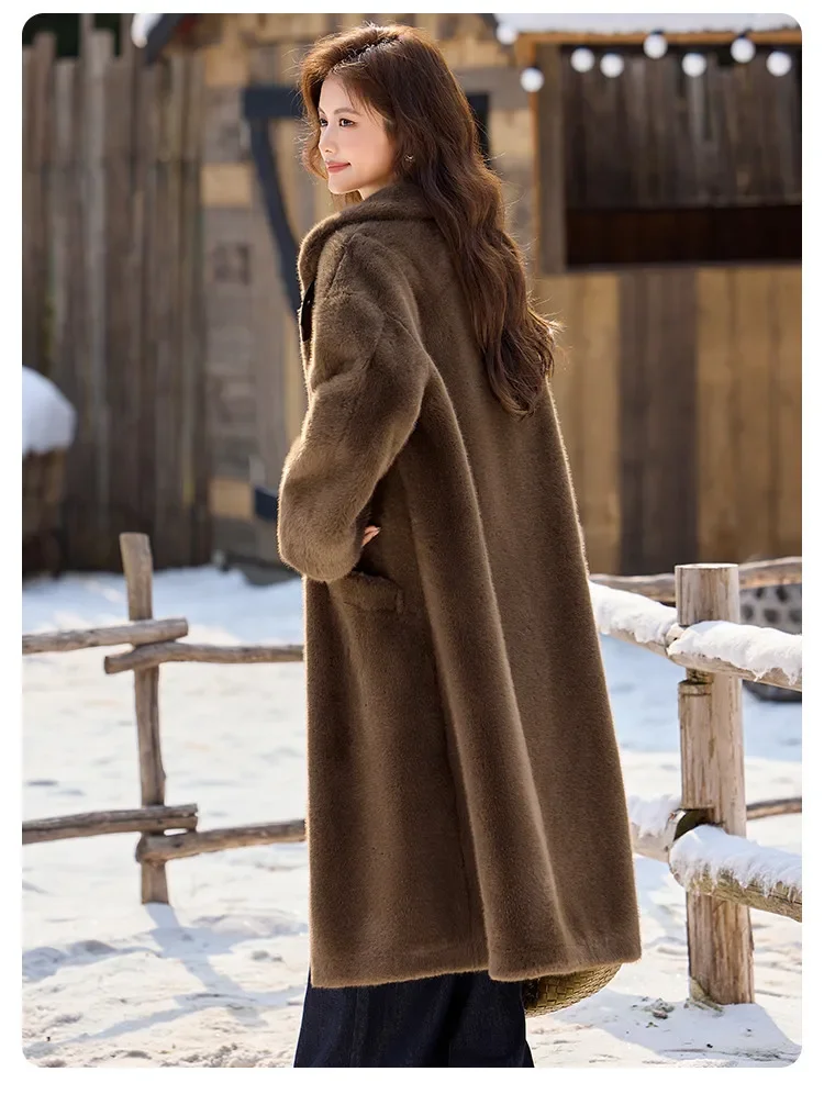 LOUIS YAO Stand Collar Faux Fur Women's Long Coat 2025 Winter Vintage Soft Faux Mink Chic Street Wear Long-Sleeved Warm Coat