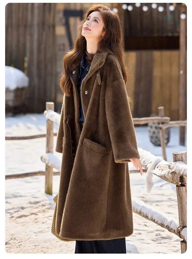 LOUIS YAO Stand Collar Faux Fur Women's Long Coat 2025 Winter Vintage Soft Faux Mink Chic Street Wear Long-Sleeved Warm Coat
