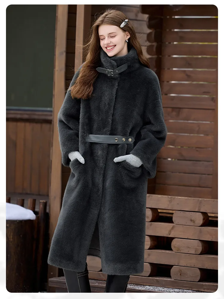 LOUIS YAO Stand Collar Faux Fur Women's Long Coat 2025 Winter Vintage Soft Faux Mink Chic Street Wear Long-Sleeved Warm Coat