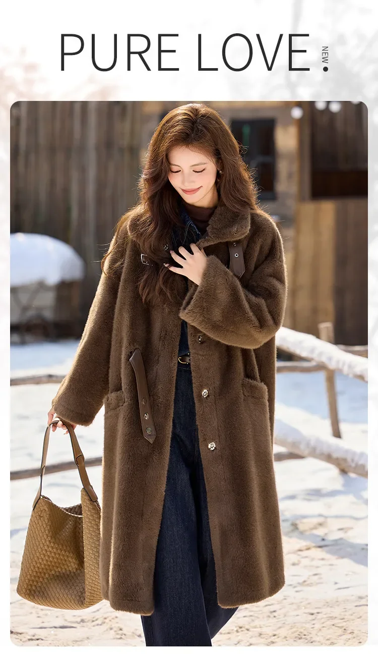 LOUIS YAO Stand Collar Faux Fur Women's Long Coat 2025 Winter Vintage Soft Faux Mink Chic Street Wear Long-Sleeved Warm Coat