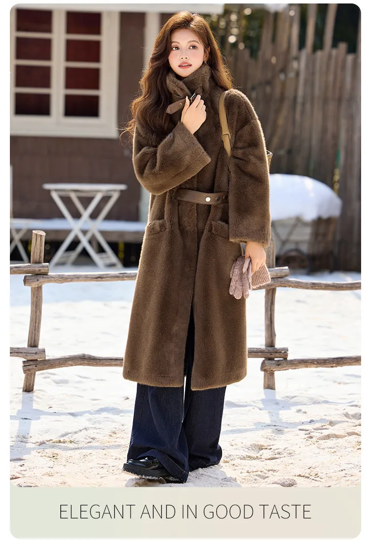 LOUIS YAO Stand Collar Faux Fur Women's Long Coat 2025 Winter Vintage Soft Faux Mink Chic Street Wear Long-Sleeved Warm Coat