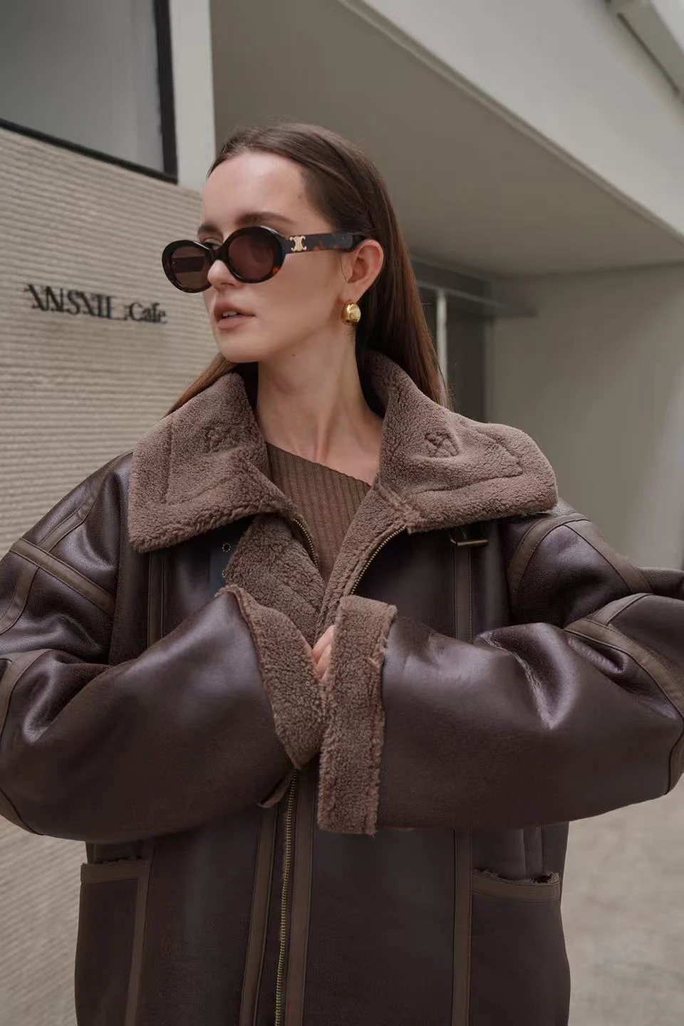 Women Faux Leather Faux Fur Shearling Jacket, Thick Warm Autumn Winter Vintage Outerwear