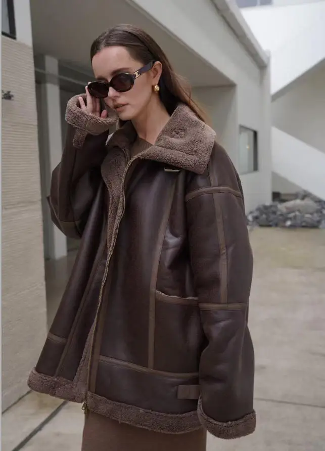 Women Faux Leather Faux Fur Shearling Jacket, Thick Warm Autumn Winter Vintage Outerwear