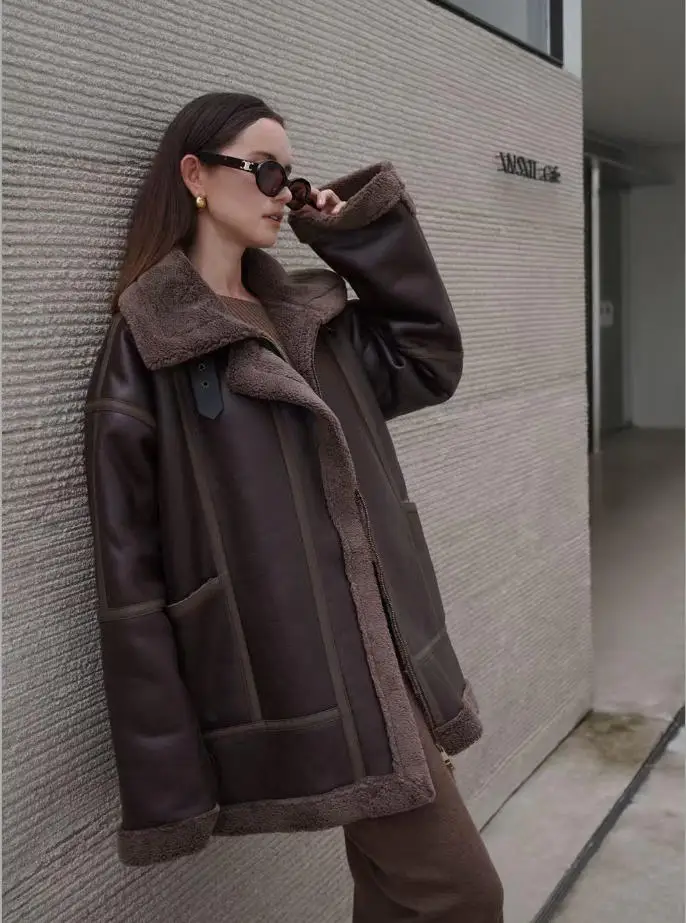 Women Faux Leather Faux Fur Shearling Jacket, Thick Warm Autumn Winter Vintage Outerwear