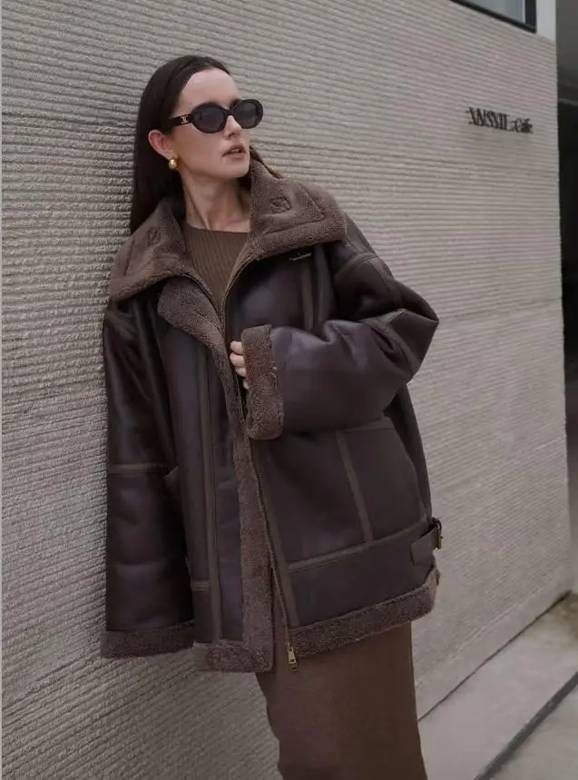 Women Faux Leather Faux Fur Shearling Jacket, Thick Warm Autumn Winter Vintage Outerwear