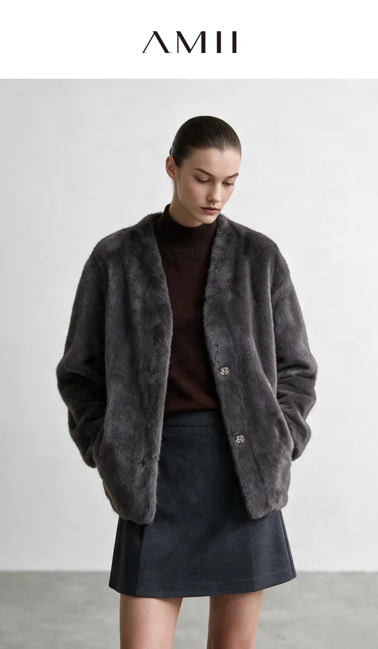Amii V-Neck Faux Fur Coat Long Sleeve Warm Casual Minimalist Luxury Soft 2026 Winter Women's Fur Coat 12644057