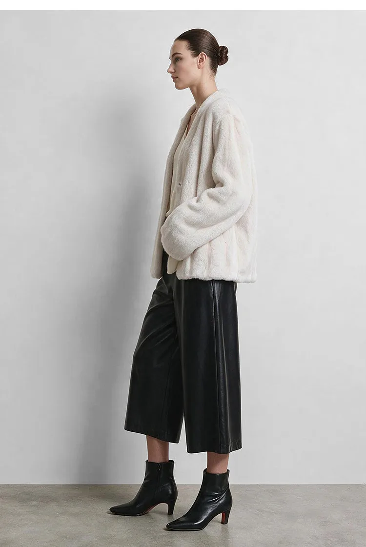 Amii V-Neck Faux Fur Coat Long Sleeve Warm Casual Minimalist Luxury Soft 2026 Winter Women's Fur Coat 12644057