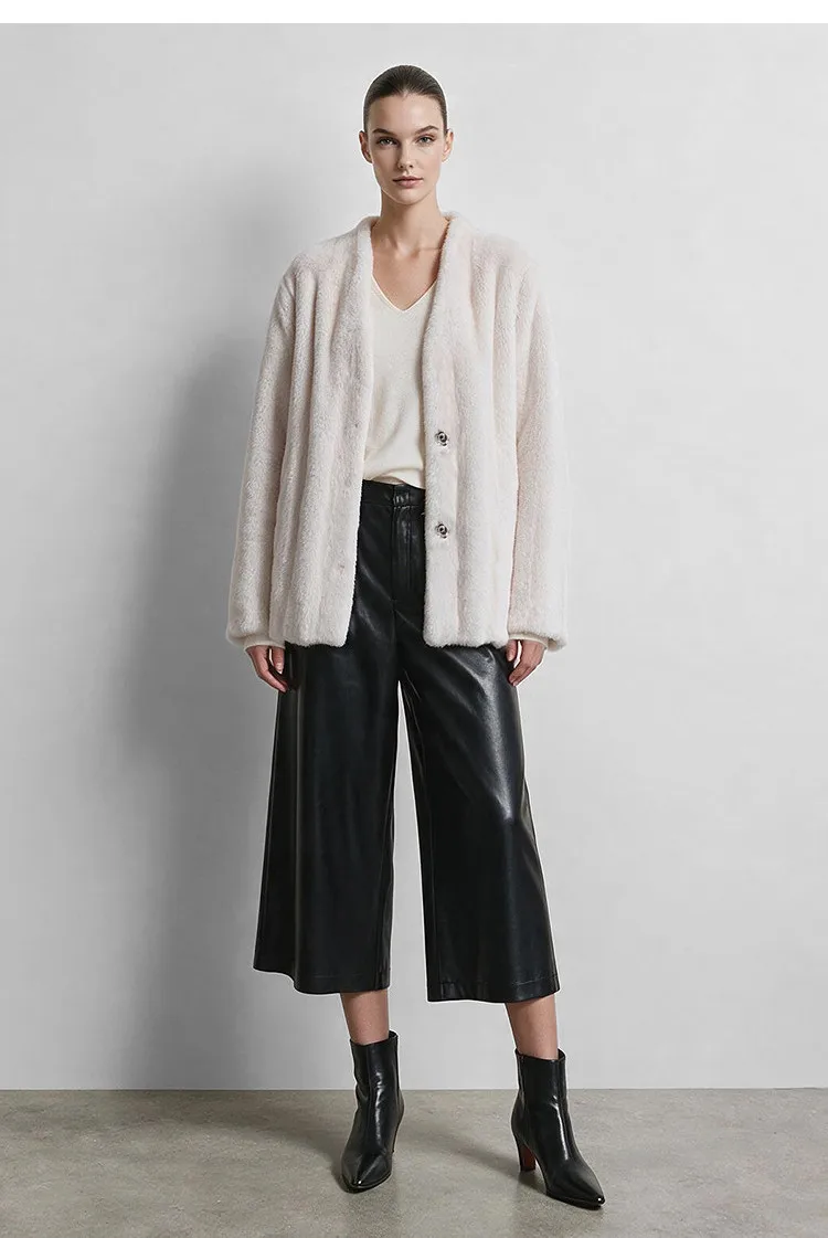 Amii V-Neck Faux Fur Coat Long Sleeve Warm Casual Minimalist Luxury Soft 2026 Winter Women's Fur Coat 12644057