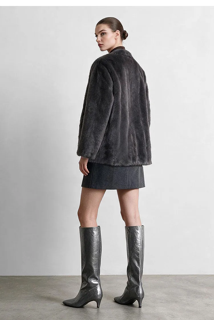 Amii V-Neck Faux Fur Coat Long Sleeve Warm Casual Minimalist Luxury Soft 2026 Winter Women's Fur Coat 12644057