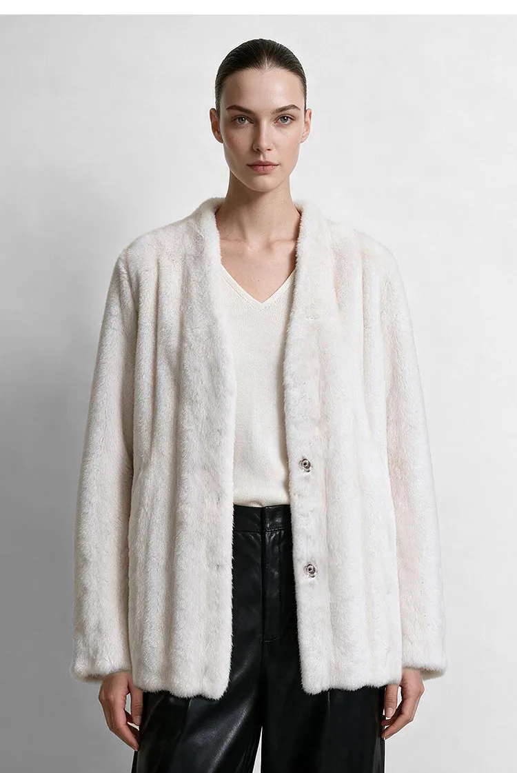 Amii V-Neck Faux Fur Coat Long Sleeve Warm Casual Minimalist Luxury Soft 2026 Winter Women's Fur Coat 12644057