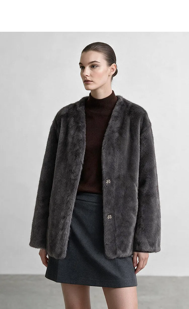 Amii V-Neck Faux Fur Coat Long Sleeve Warm Casual Minimalist Luxury Soft 2026 Winter Women's Fur Coat 12644057