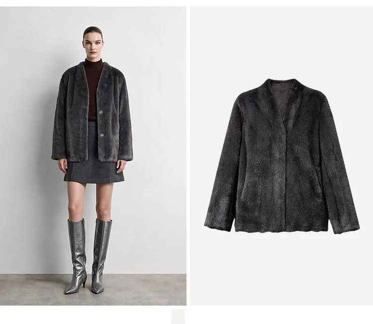Amii V-Neck Faux Fur Coat Long Sleeve Warm Casual Minimalist Luxury Soft 2026 Winter Women's Fur Coat 12644057