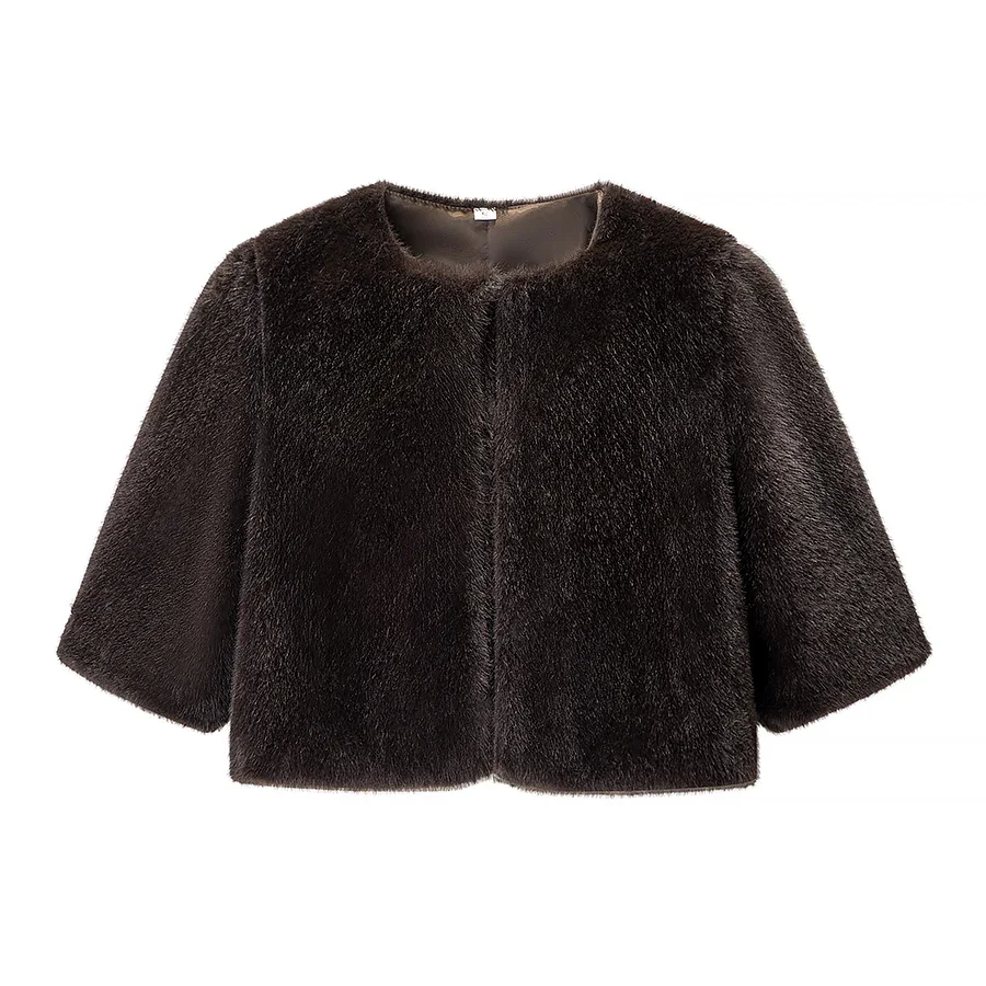 Luxury Solid High Waist Faux Fur Coat Women Elegant Half Sleeve Round Neck Regular Shoulder Thicken Jacket New Female Party Wear