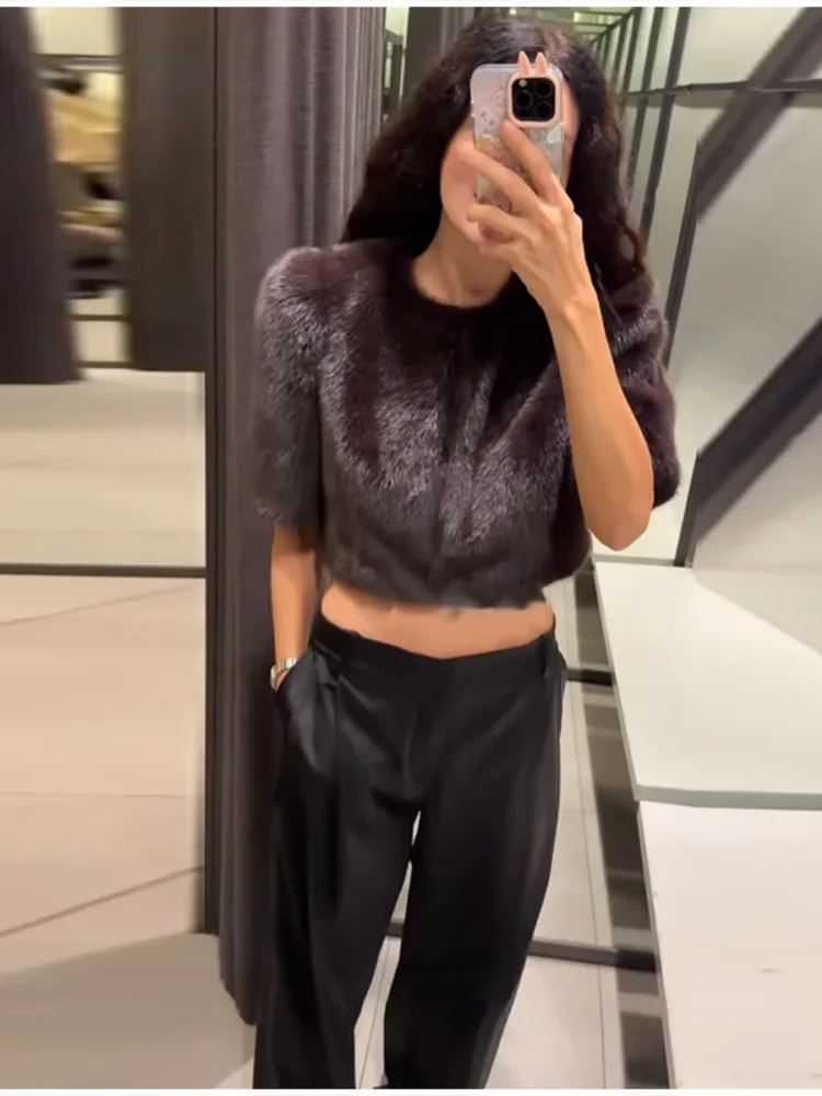 Luxury Solid High Waist Faux Fur Coat Women Elegant Half Sleeve Round Neck Regular Shoulder Thicken Jacket New Female Party Wear