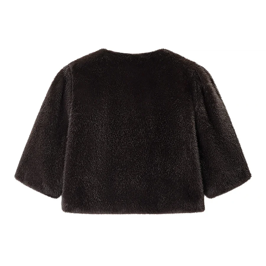 Luxury Solid High Waist Faux Fur Coat Women Elegant Half Sleeve Round Neck Regular Shoulder Thicken Jacket New Female Party Wear