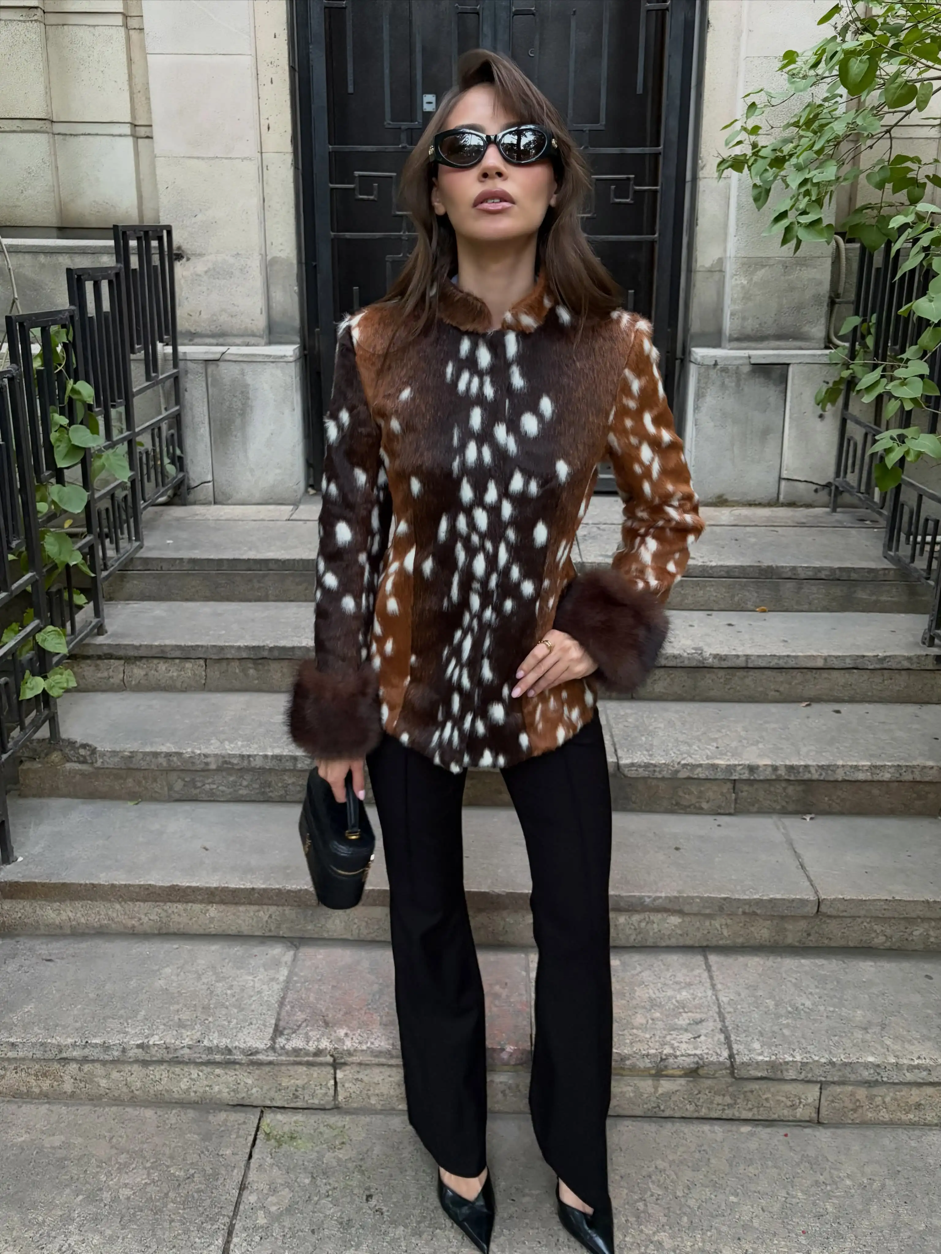 HH Vintage Deer Print Faux Fur Jacket Women Stand Collar Long Sleeve Slim Buttons Coat 2026 Winter Female Street Warm Outerwear