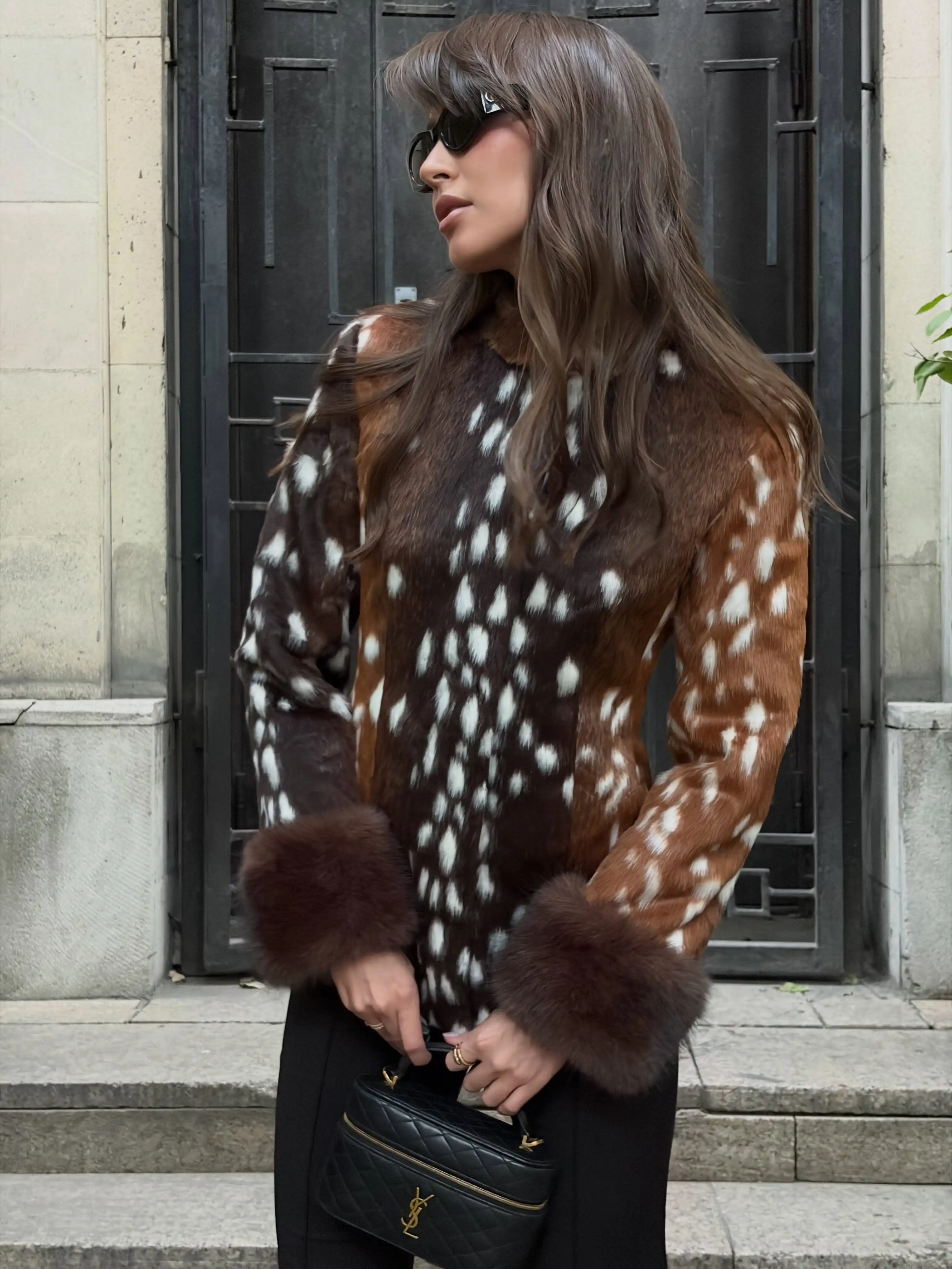 HH Vintage Deer Print Faux Fur Jacket Women Stand Collar Long Sleeve Slim Buttons Coat 2026 Winter Female Street Warm Outerwear