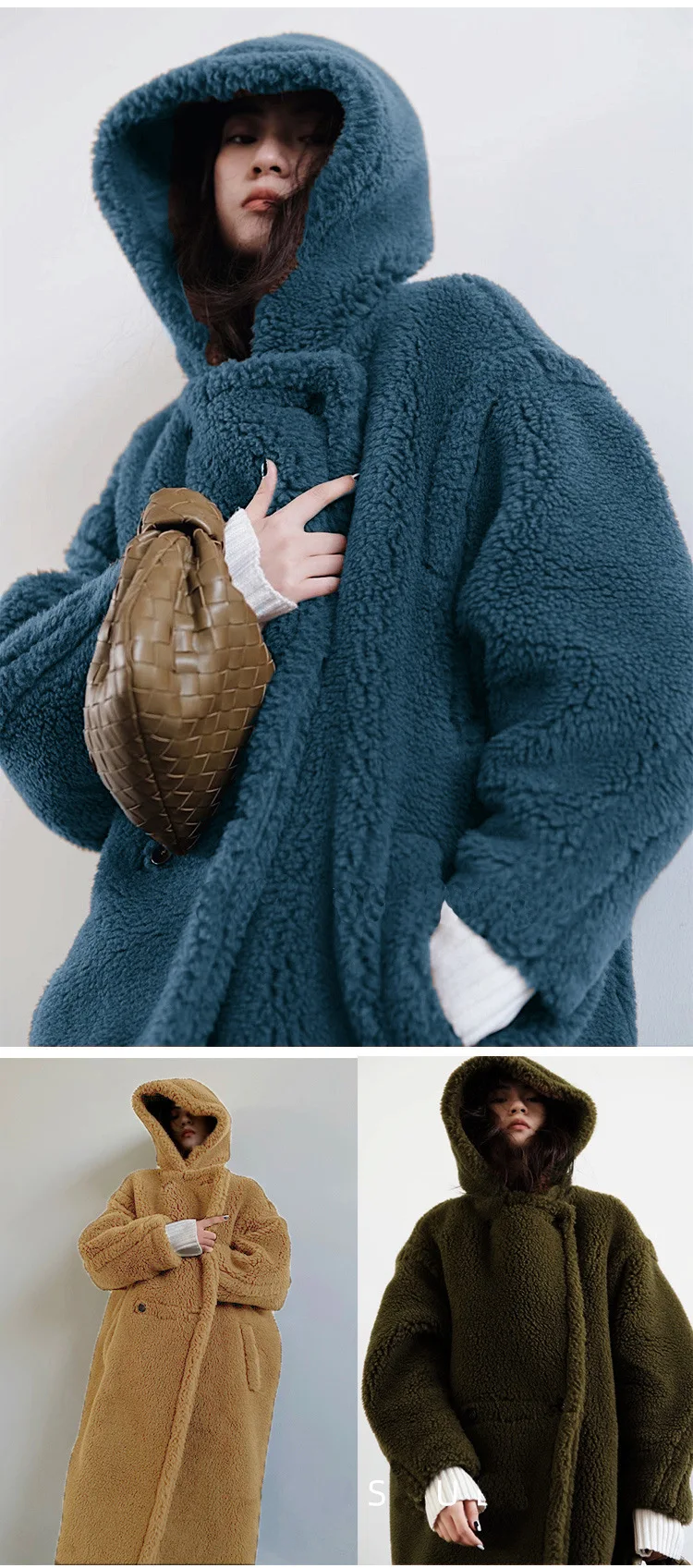 Women Lamb Wool Coats Faux Fur Hooded Long Maxi Coat Turn Down Collar Work Open Stitch Elegant Warm Thick Autumn Winter