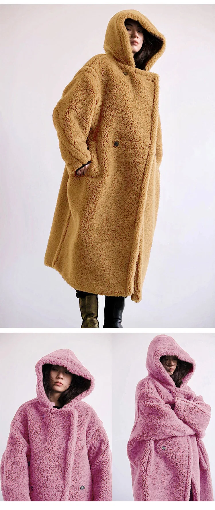 Women Lamb Wool Coats Faux Fur Hooded Long Maxi Coat Turn Down Collar Work Open Stitch Elegant Warm Thick Autumn Winter