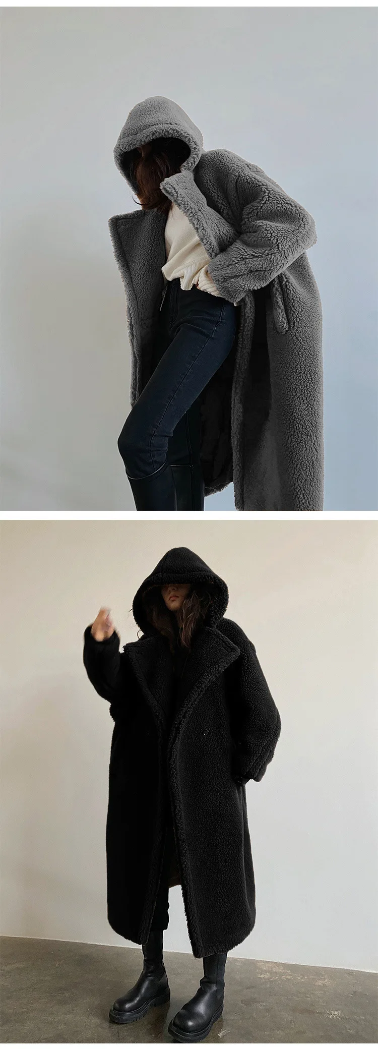 Women Lamb Wool Coats Faux Fur Hooded Long Maxi Coat Turn Down Collar Work Open Stitch Elegant Warm Thick Autumn Winter