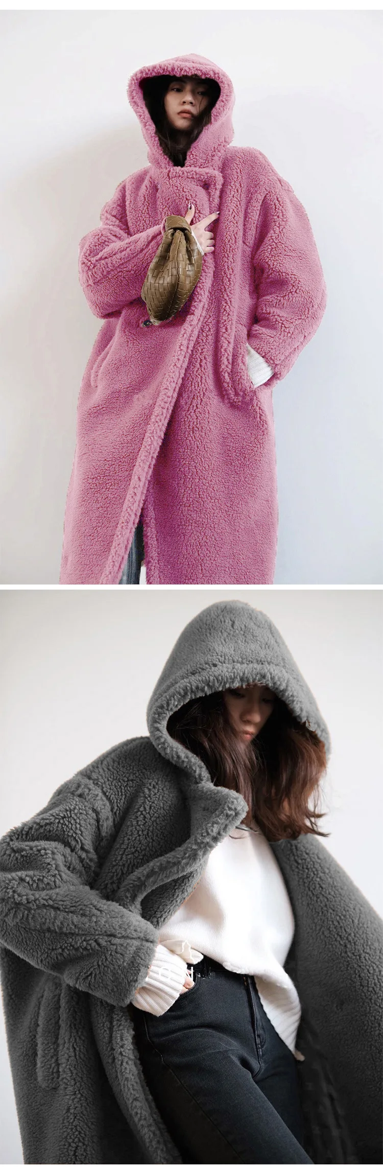 Women Lamb Wool Coats Faux Fur Hooded Long Maxi Coat Turn Down Collar Work Open Stitch Elegant Warm Thick Autumn Winter