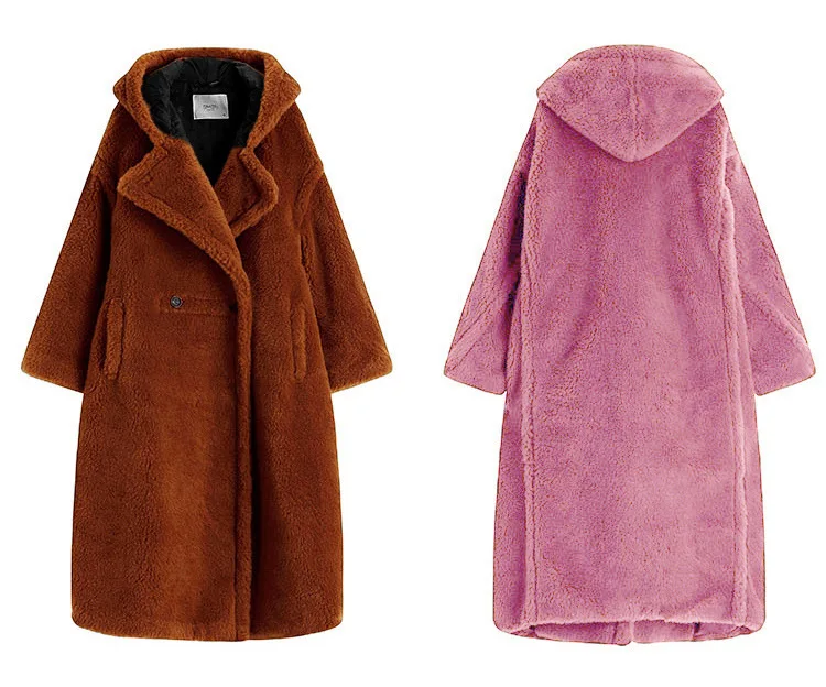 Women Lamb Wool Coats Faux Fur Hooded Long Maxi Coat Turn Down Collar Work Open Stitch Elegant Warm Thick Autumn Winter