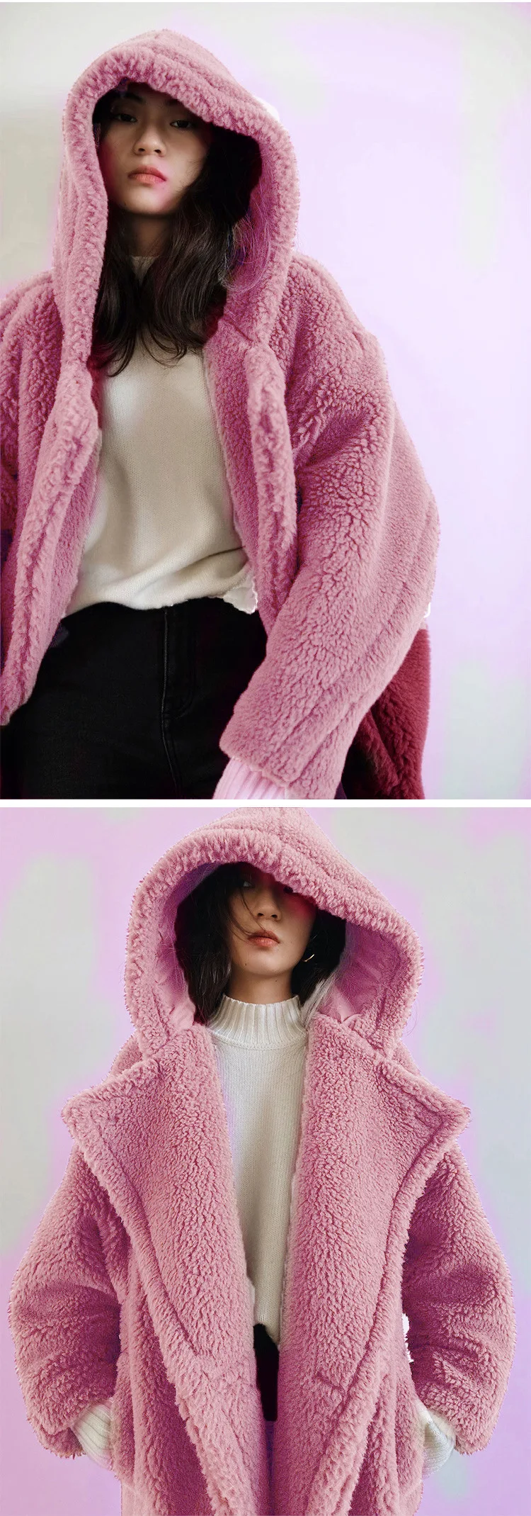 Women Lamb Wool Coats Faux Fur Hooded Long Maxi Coat Turn Down Collar Work Open Stitch Elegant Warm Thick Autumn Winter