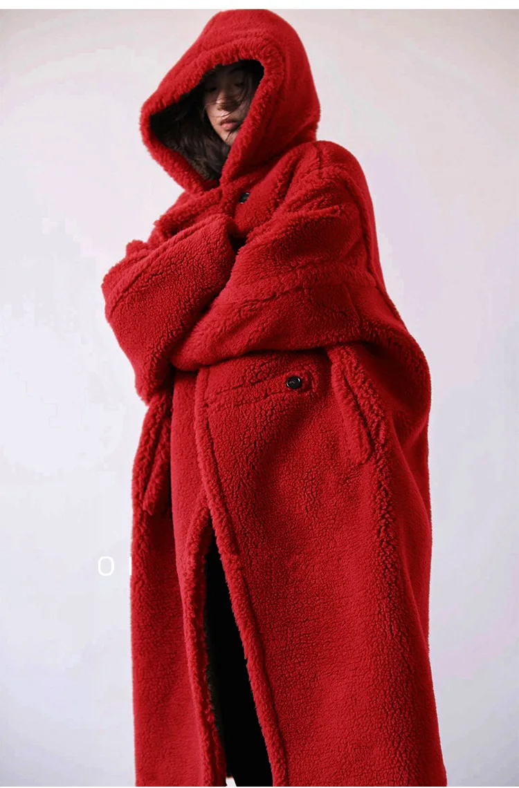 Women Lamb Wool Coats Faux Fur Hooded Long Maxi Coat Turn Down Collar Work Open Stitch Elegant Warm Thick Autumn Winter