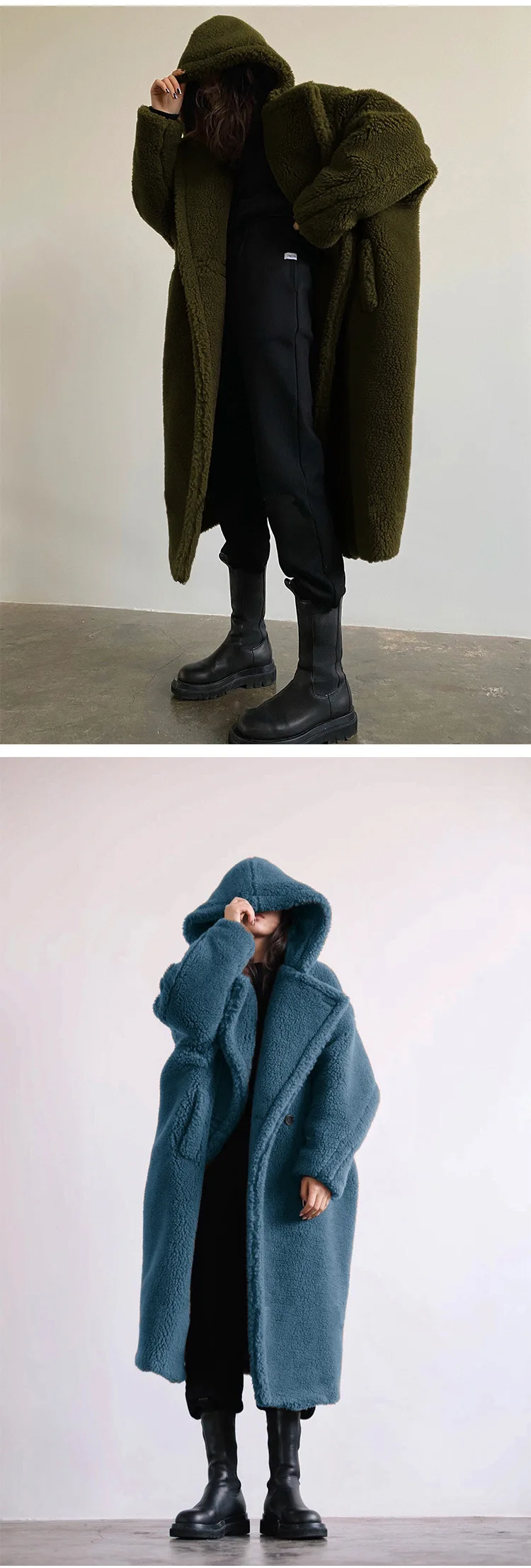 Women Lamb Wool Coats Faux Fur Hooded Long Maxi Coat Turn Down Collar Work Open Stitch Elegant Warm Thick Autumn Winter