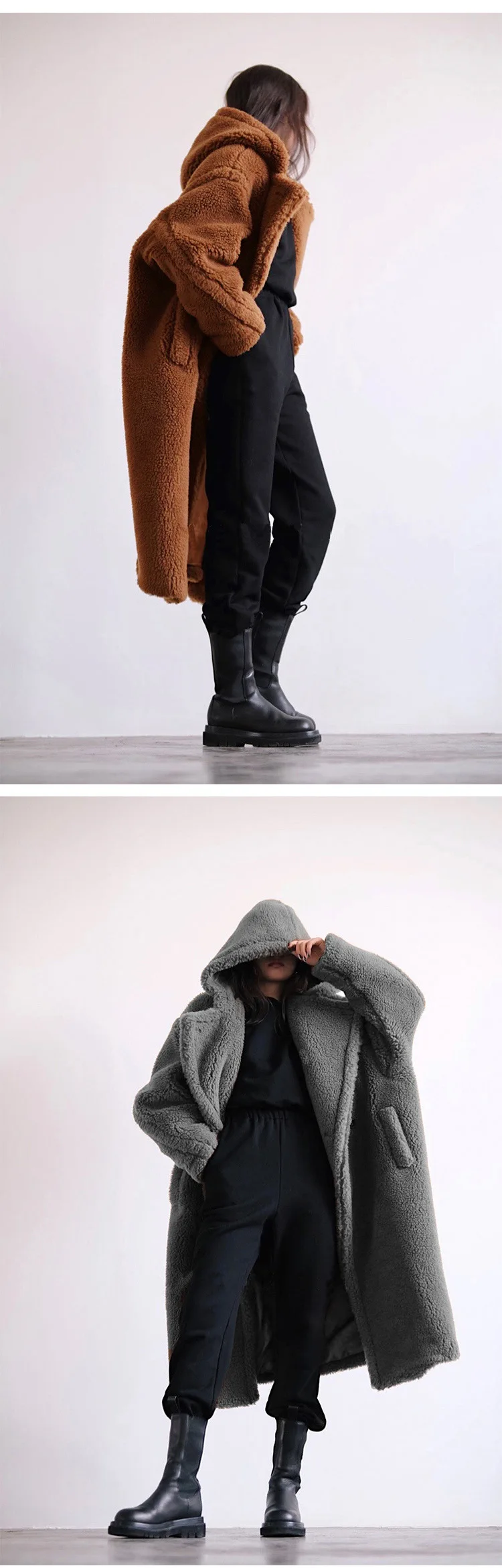 Women Lamb Wool Coats Faux Fur Hooded Long Maxi Coat Turn Down Collar Work Open Stitch Elegant Warm Thick Autumn Winter