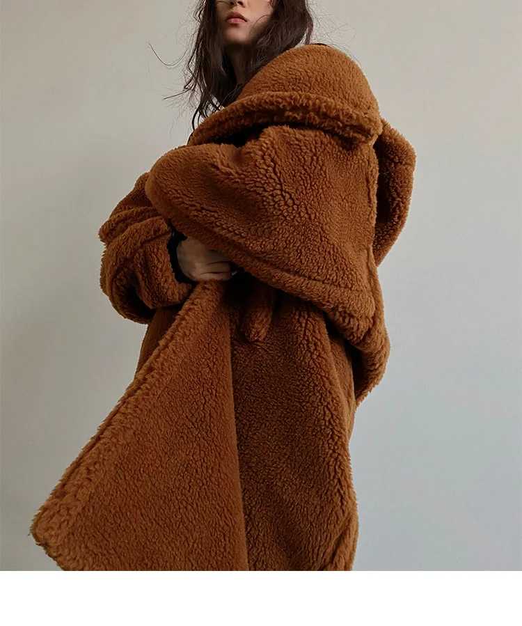 Women Lamb Wool Coats Faux Fur Hooded Long Maxi Coat Turn Down Collar Work Open Stitch Elegant Warm Thick Autumn Winter