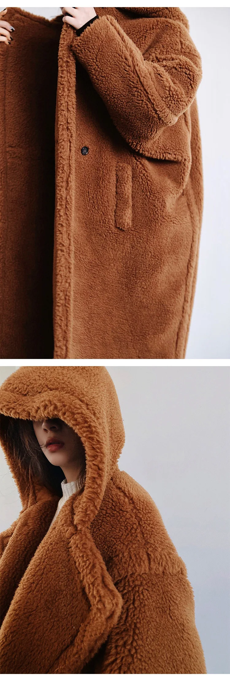 Women Lamb Wool Coats Faux Fur Hooded Long Maxi Coat Turn Down Collar Work Open Stitch Elegant Warm Thick Autumn Winter