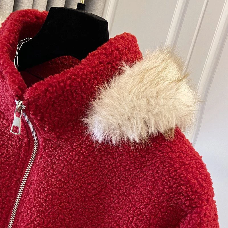 Cute Red Faux Lamb Coat Women Loose Sweet Fashion Winter Warm Kawaii Jackets Casual Long Sleeve Female Hooded Zipper Outwear Top