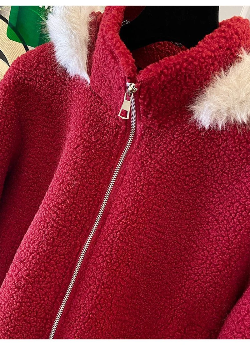 Cute Red Faux Lamb Coat Women Loose Sweet Fashion Winter Warm Kawaii Jackets Casual Long Sleeve Female Hooded Zipper Outwear Top