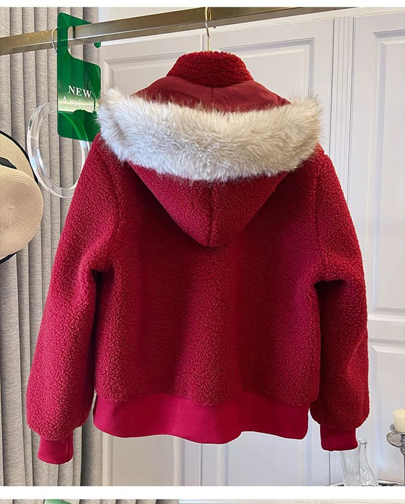 Cute Red Faux Lamb Coat Women Loose Sweet Fashion Winter Warm Kawaii Jackets Casual Long Sleeve Female Hooded Zipper Outwear Top