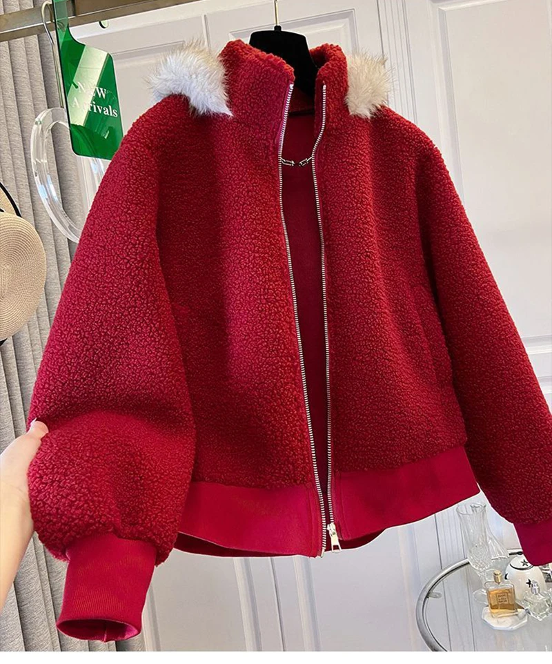 Cute Red Faux Lamb Coat Women Loose Sweet Fashion Winter Warm Kawaii Jackets Casual Long Sleeve Female Hooded Zipper Outwear Top