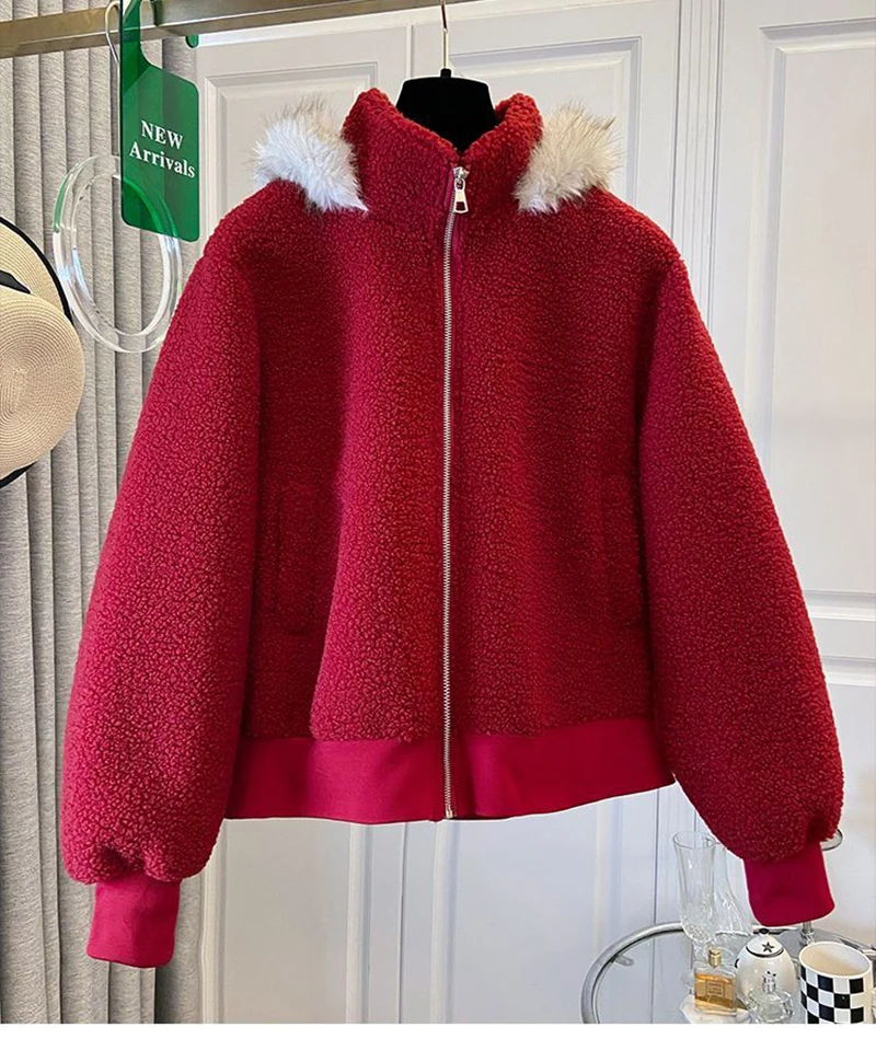 Cute Red Faux Lamb Coat Women Loose Sweet Fashion Winter Warm Kawaii Jackets Casual Long Sleeve Female Hooded Zipper Outwear Top