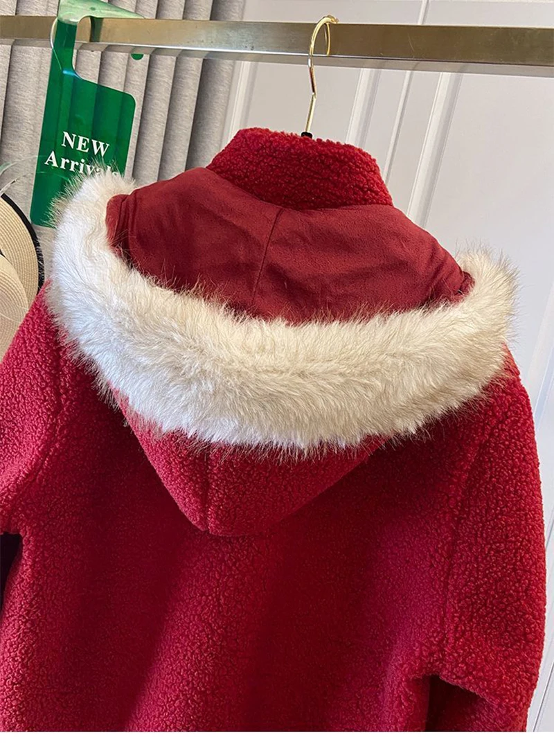 Cute Red Faux Lamb Coat Women Loose Sweet Fashion Winter Warm Kawaii Jackets Casual Long Sleeve Female Hooded Zipper Outwear Top