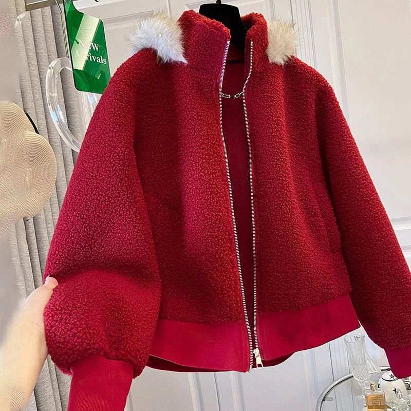Cute Red Faux Lamb Coat Women Loose Sweet Fashion Winter Warm Kawaii Jackets Casual Long Sleeve Female Hooded Zipper Outwear Top