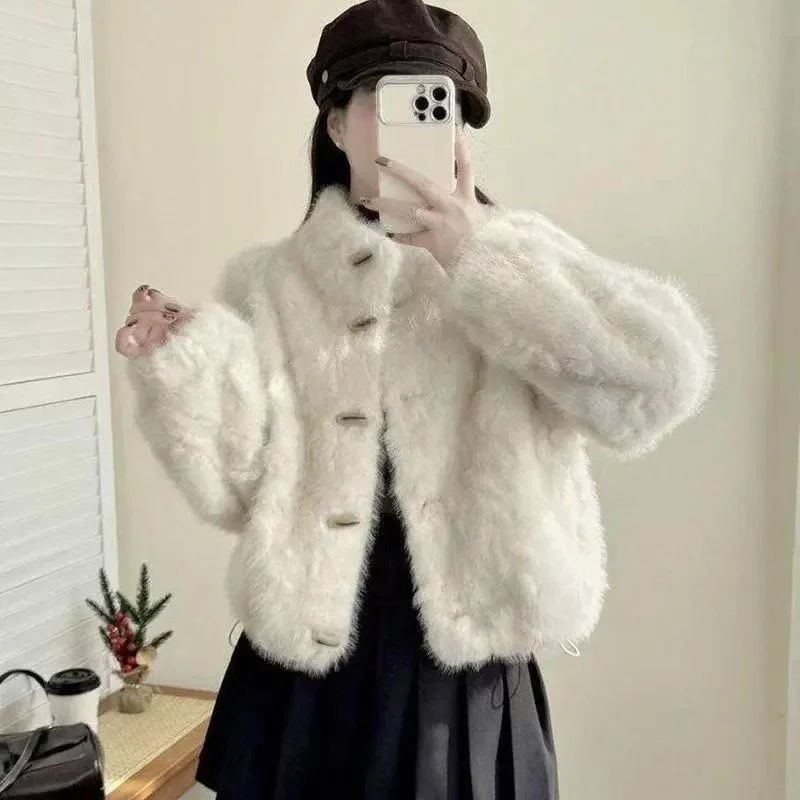 Winter Ladies Stand Collar Faux Fur Outwear Korean Women High-end Short Fur Jacket Autumn Female Fashion Long Sleeved Plush Coat