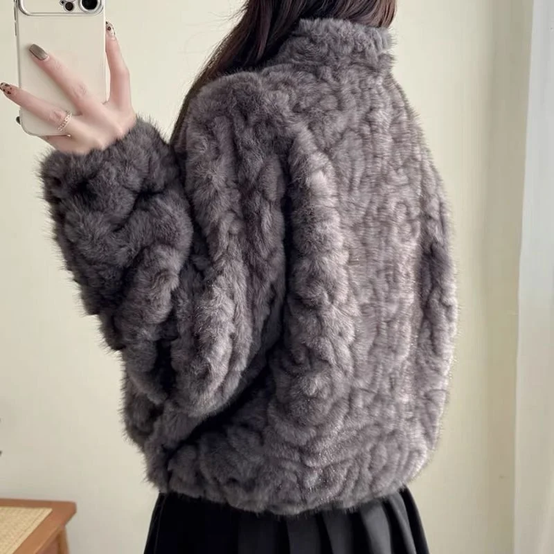 Winter Ladies Stand Collar Faux Fur Outwear Korean Women High-end Short Fur Jacket Autumn Female Fashion Long Sleeved Plush Coat
