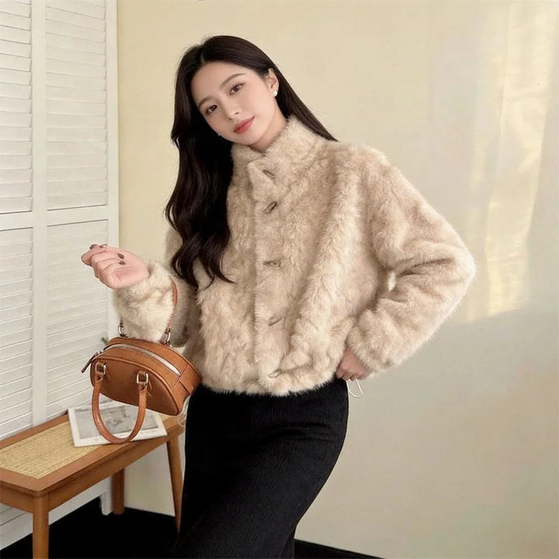 Winter Ladies Stand Collar Faux Fur Outwear Korean Women High-end Short Fur Jacket Autumn Female Fashion Long Sleeved Plush Coat