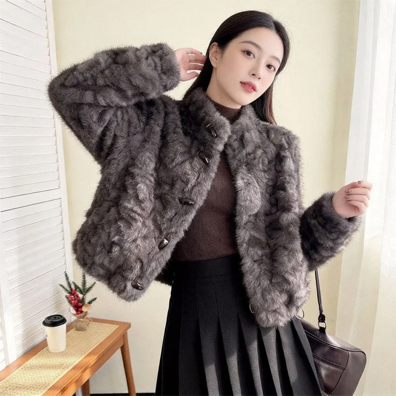 Winter Ladies Stand Collar Faux Fur Outwear Korean Women High-end Short Fur Jacket Autumn Female Fashion Long Sleeved Plush Coat