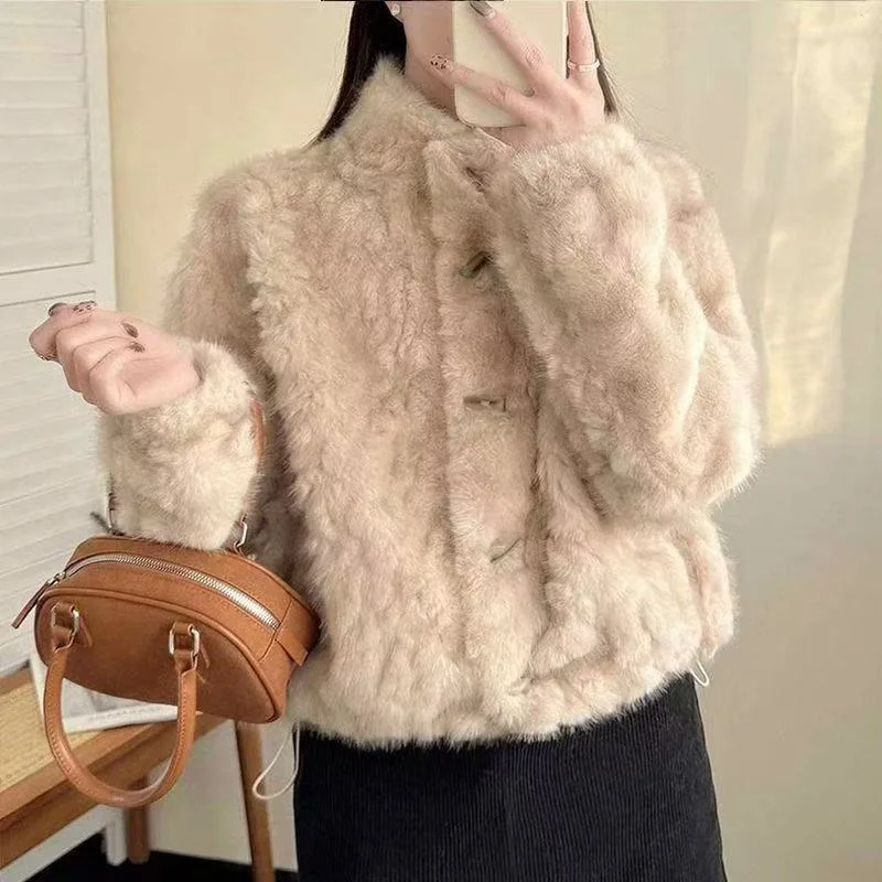 Winter Ladies Stand Collar Faux Fur Outwear Korean Women High-end Short Fur Jacket Autumn Female Fashion Long Sleeved Plush Coat