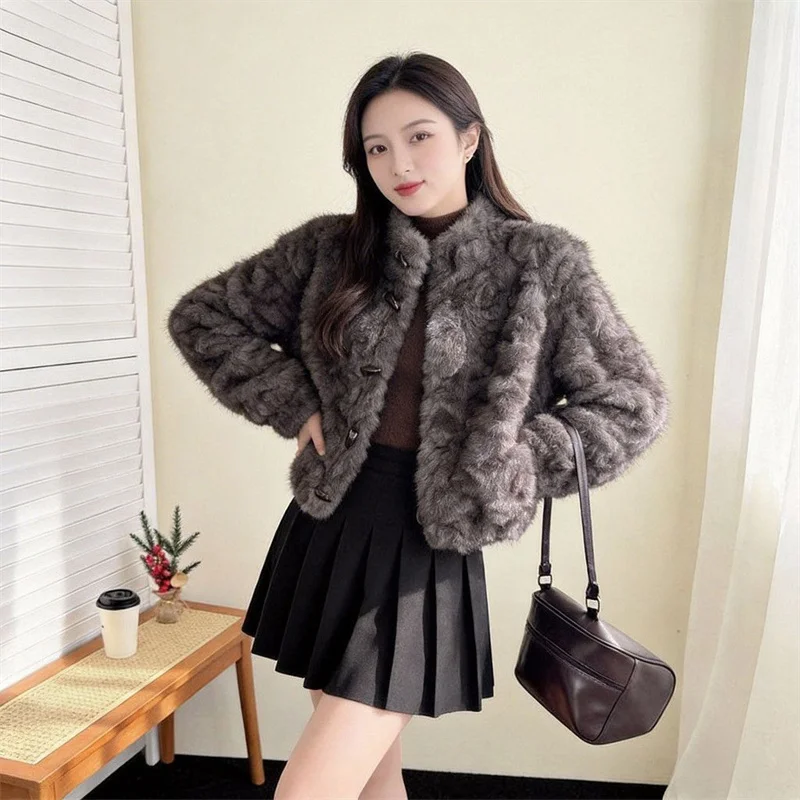 Winter Ladies Stand Collar Faux Fur Outwear Korean Women High-end Short Fur Jacket Autumn Female Fashion Long Sleeved Plush Coat