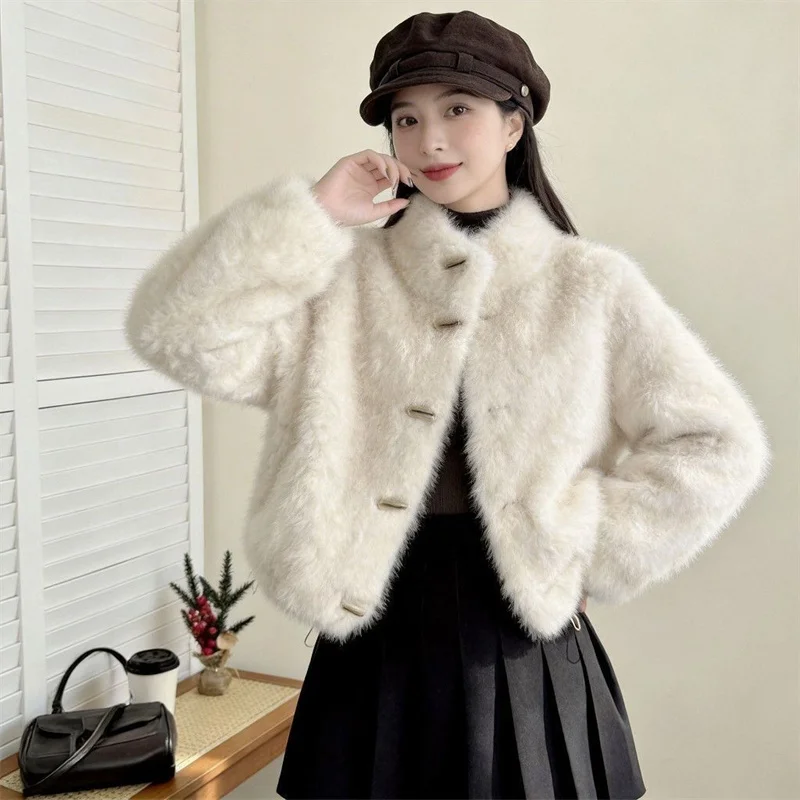 Winter Ladies Stand Collar Faux Fur Outwear Korean Women High-end Short Fur Jacket Autumn Female Fashion Long Sleeved Plush Coat