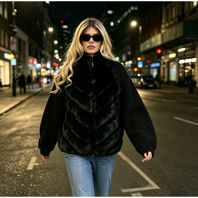 Fashion Faux Fur Knitted Coats Women's Full Sleeves Zipper Stand Collar Jackets 2026 New Ladies Autumn Winter Casual Outwear