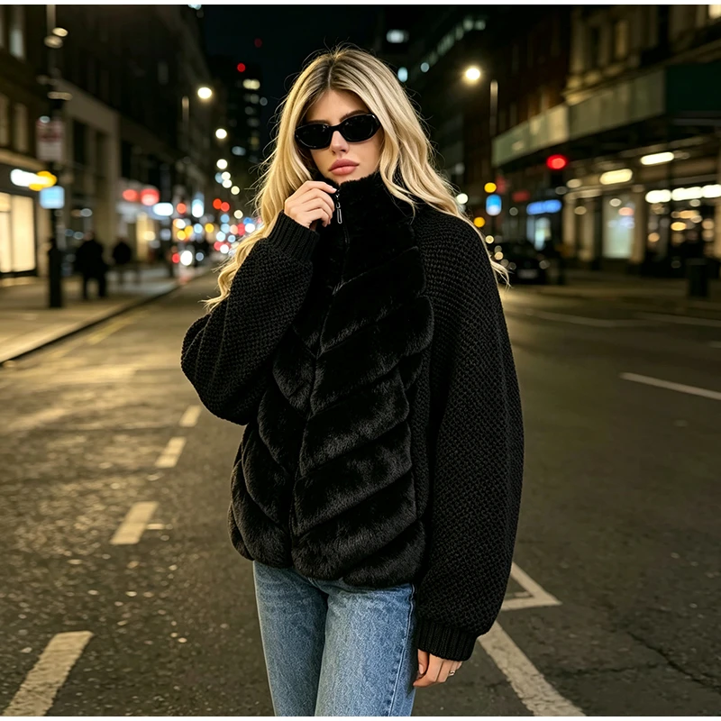 Fashion Faux Fur Knitted Coats Women's Full Sleeves Zipper Stand Collar Jackets 2026 New Ladies Autumn Winter Casual Outwear
